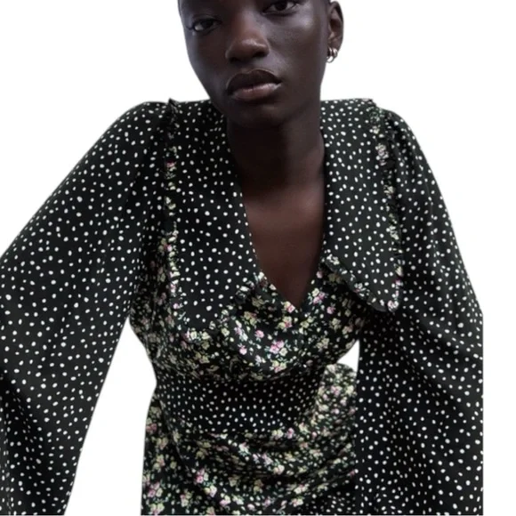 Zara Black Floral and Spotty Long Sleeve Tea Dress Mini Dress Contrast Print S - Picture 4 of 9